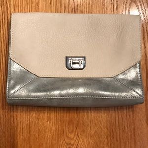 BCBG Silver and cream leather clutch